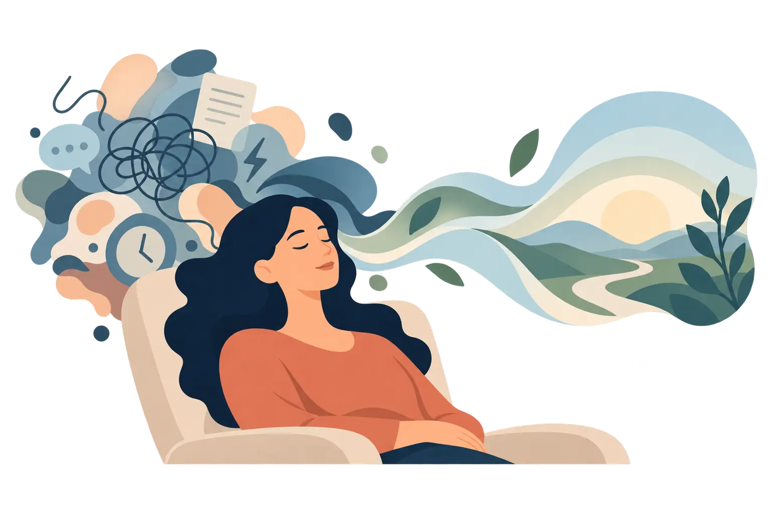 Ilustração de uma pessoa relaxada numa sessão de hipnoterapia